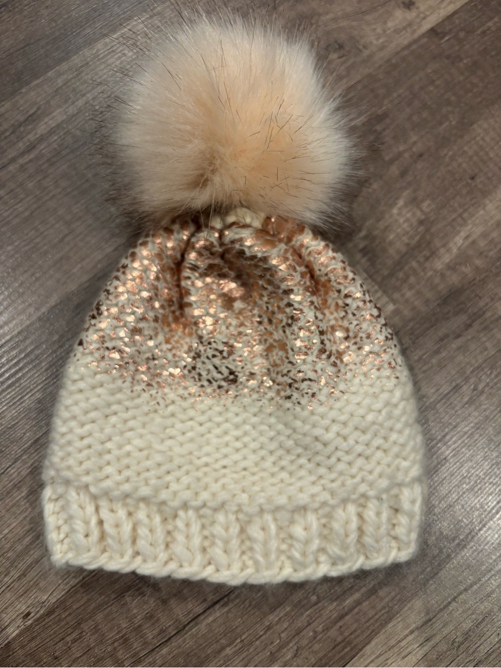 Kids Cream Knit Beanie with Rose Gold Sparkle and Pom